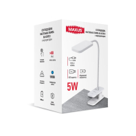 Світлодіодна настільна лампа на кліпсі з акумулятором MAXUS Desk Lamp 5W 5000K WH CLIP Battery, Maxus, 1-MDL-5W-CLIP