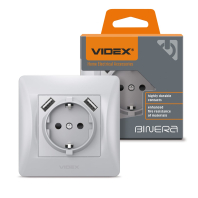 Розетка одинарна із заземленням та 2USB срібний шовк VIDEX BINERA, Videx, 24899
