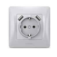 Розетка одинарна із заземленням та 2USB срібний шовк VIDEX BINERA, Videx, 24899