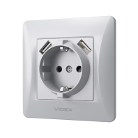 Розетка одинарна із заземленням та 2USB срібний шовк VIDEX BINERA, Videx, 24899
