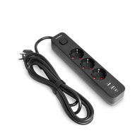 Сетевой удлинитель VIDEX ONCORD з/з 3п 3м 3x1.5мм 2.4А 2USB+USB-C с кнопкой Black