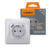 Розетка одинарна із заземленням з USB+USB-C срібний шовк VIDEX BINERA, Videx, 27864
