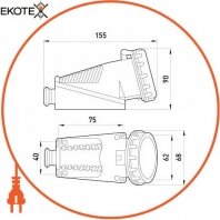 Силова розетка стаціонарна 2Р+Z, 250В, 16А, IP67, Enext, 2624-137